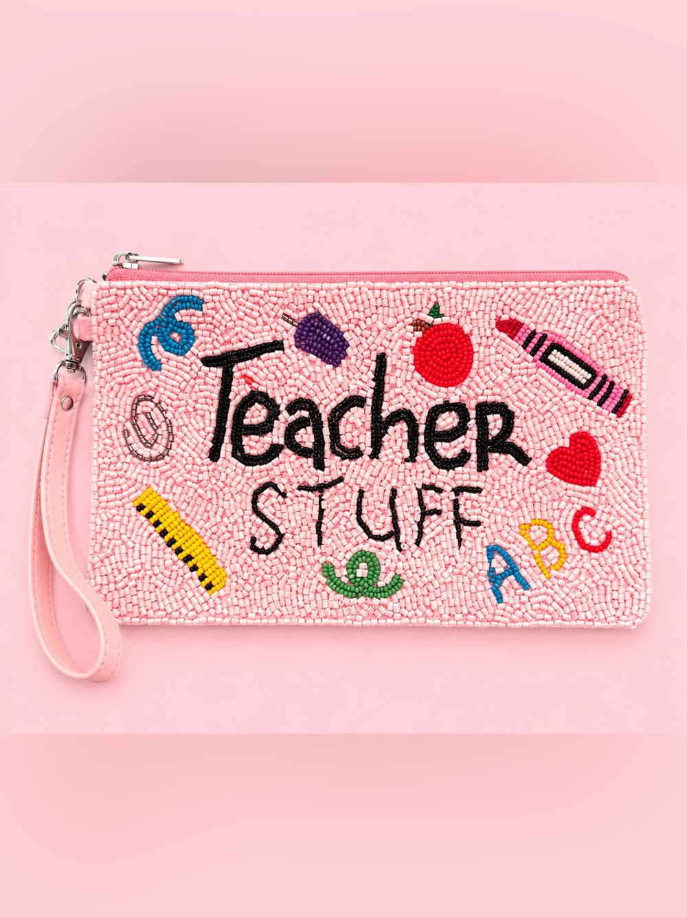 Beaded 'Teacher Stuff' Pouch in Pink